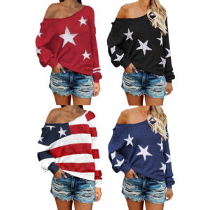 Women's Scoop Neck Long Sleeve Stars and stripes Pullover Sweater